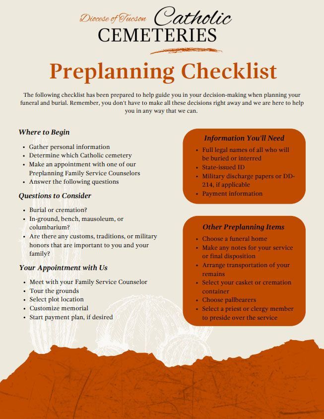 Diocese of Tucson Catholic Cemeteries preplanning checklist with sections for information, questions, and appointments.