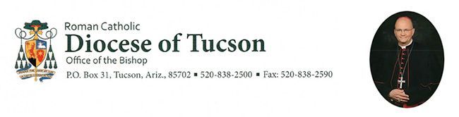 The letterhead of the Roman Catholic Diocese of Tucson featuring its official crest and a photo of the bishop.