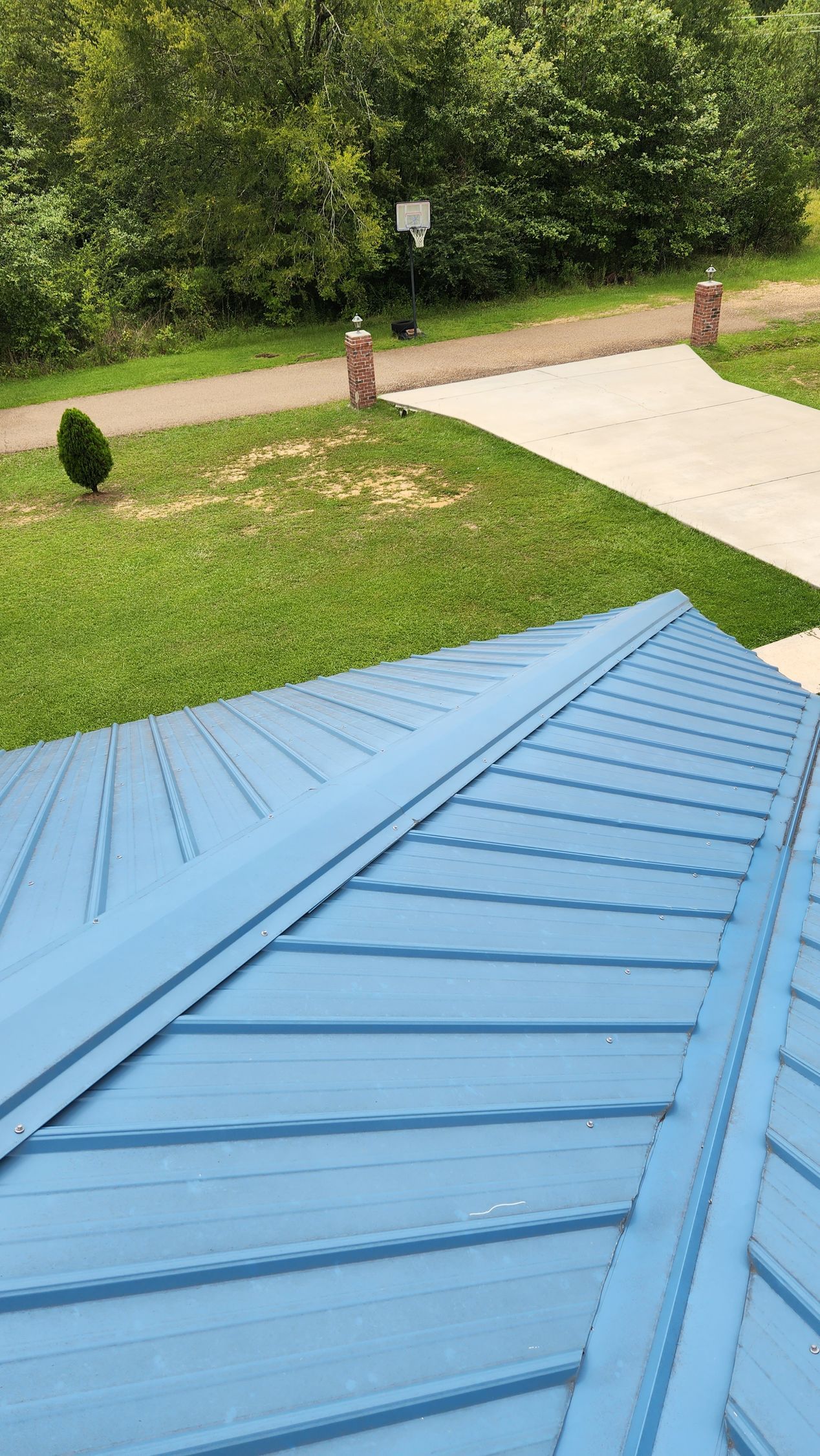 A blue roof is sitting on top of a lush green field.