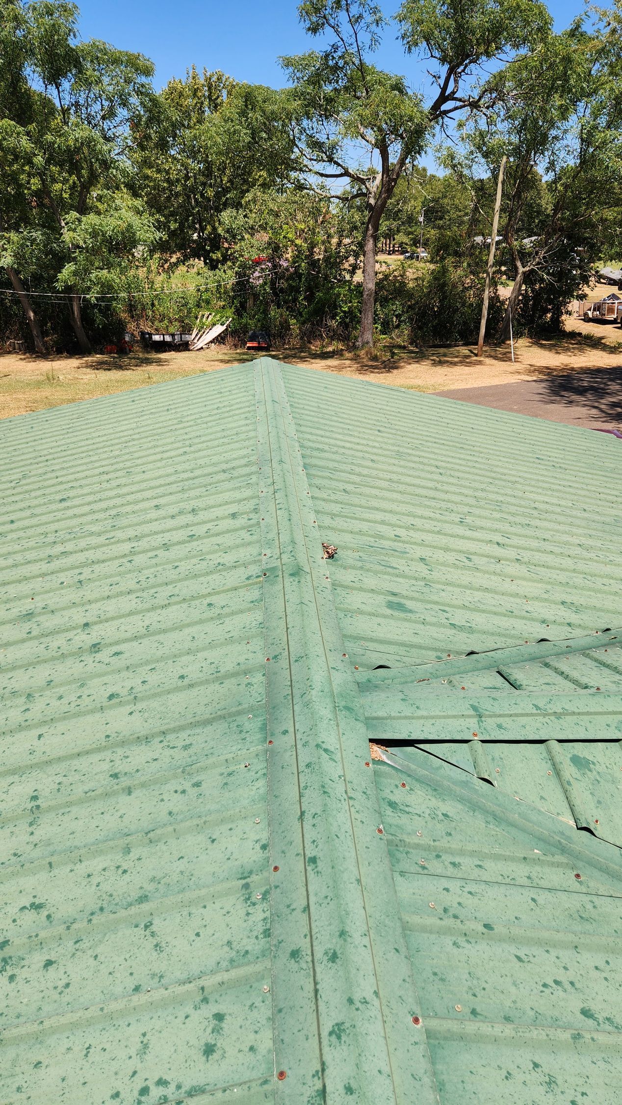 A large green field with trees in the background.