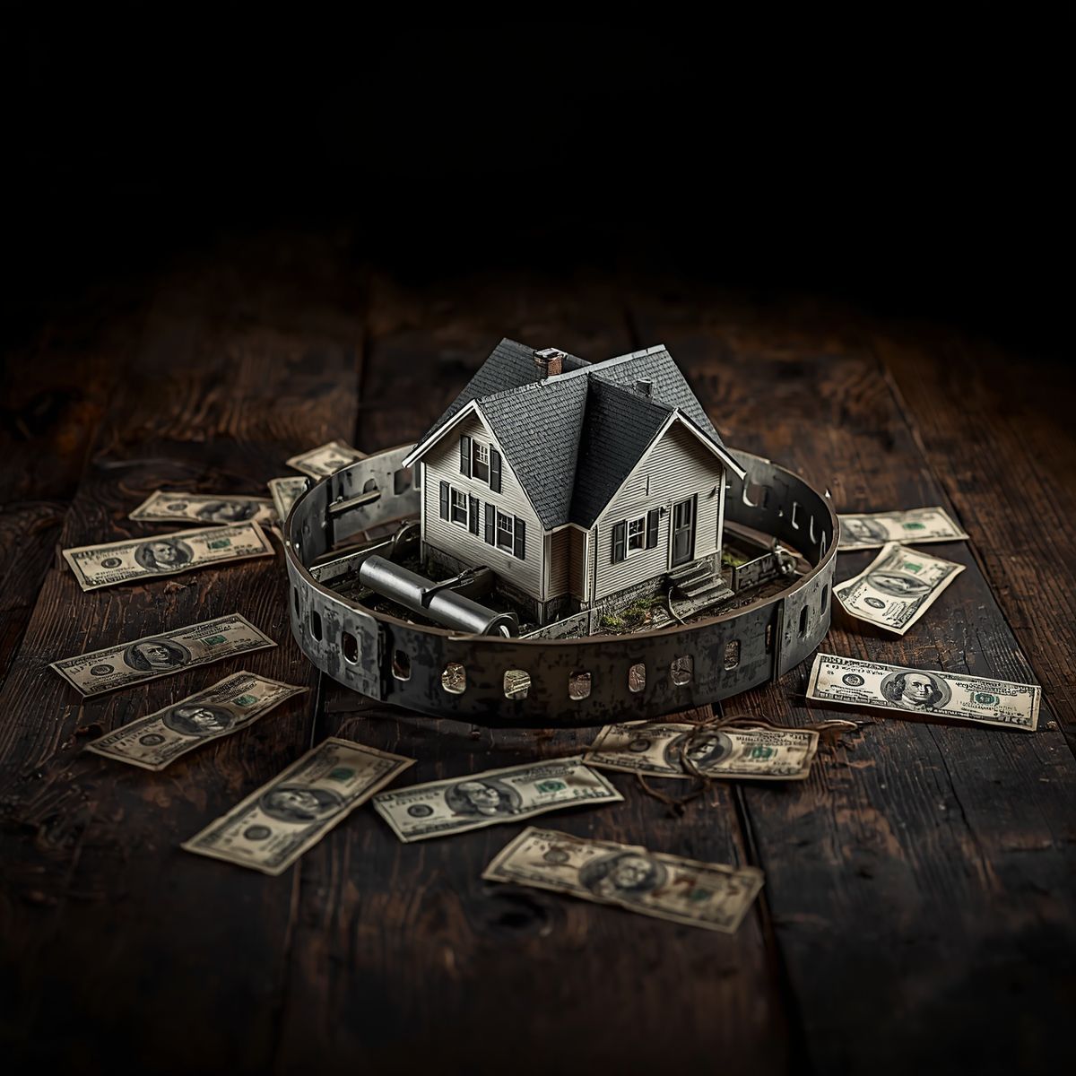 Miniature house inside an iron bear trap representing the mortgage death pledge