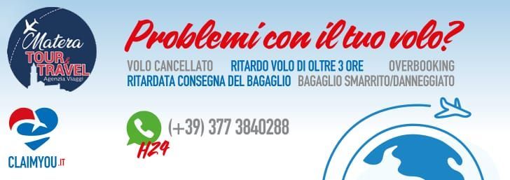 Banner per “Problemicon il tuo volo?” con icone di agenzie di viaggio, numero WhatsApp e itinerari turistici su sfondo di cielo blu.