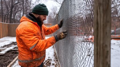 Man in orange jacket and green hat installing wire fence outdoors in winter.