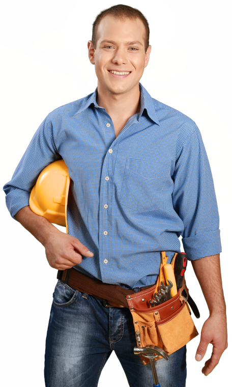 A man in a blue shirt is holding a hard hat and a tool belt.