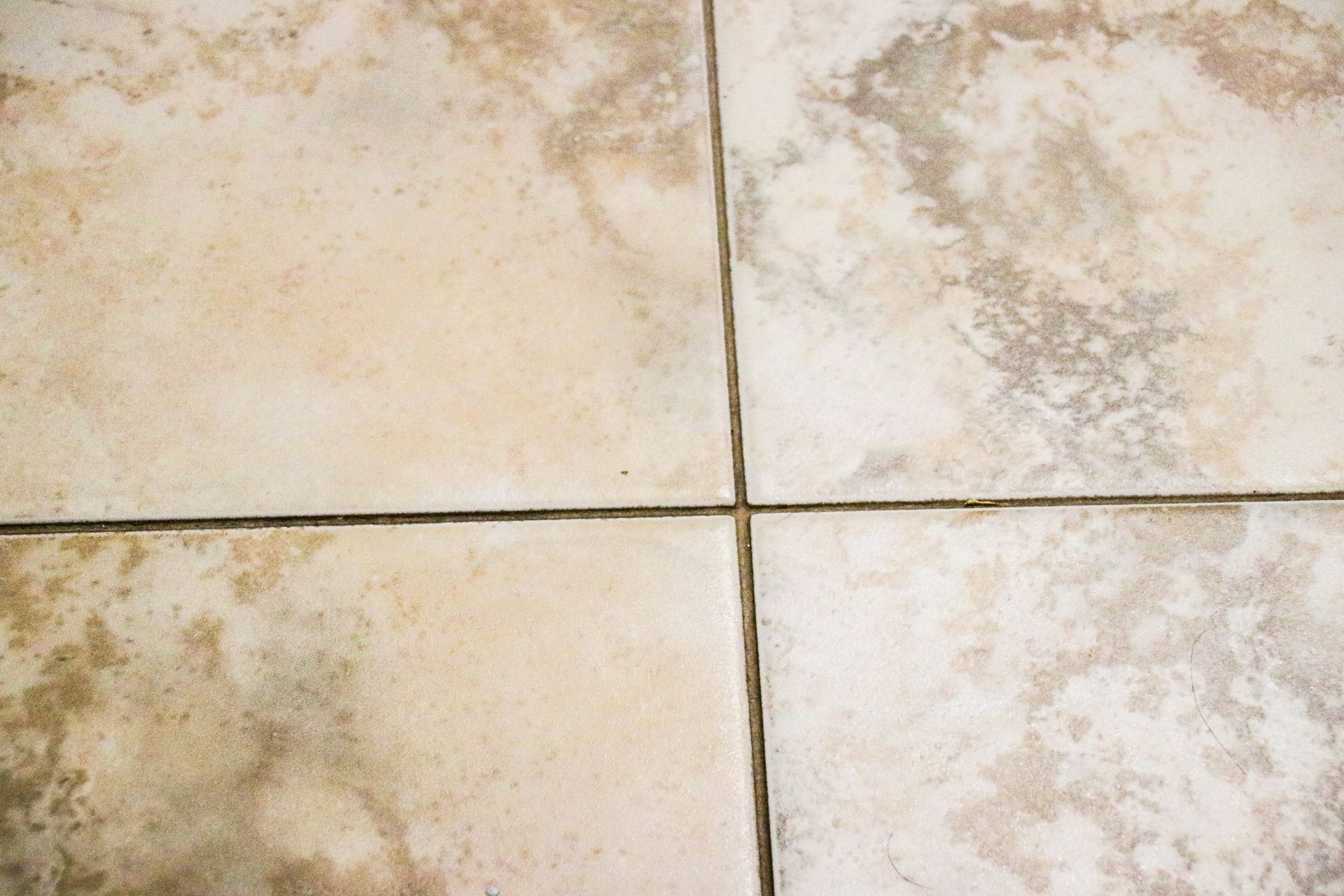 Close-up of beige ceramic floor tiles with dark grout lines, showing stains and wear.
