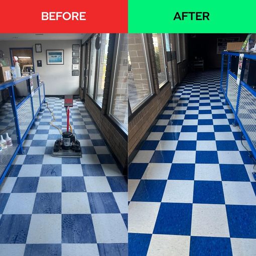 Before-and-after of a blue and white checkered floor cleaning. The 'after' floor is clean and bright.