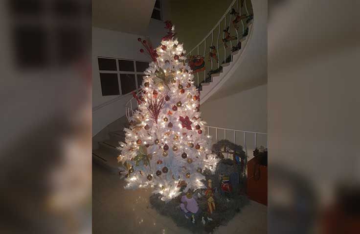 Un árbol de Navidad blanco está en una sala de estar al lado de una escalera de caracol.