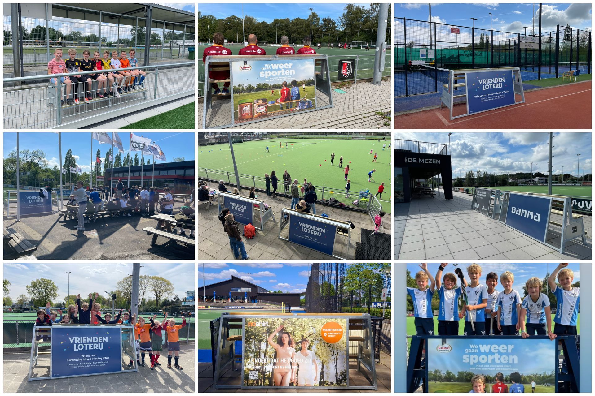 Collage van buitensport locaties met banken voor sportclubs: hockeyveld, tennisbaan, groep mensen die blij zijn met de bank.
