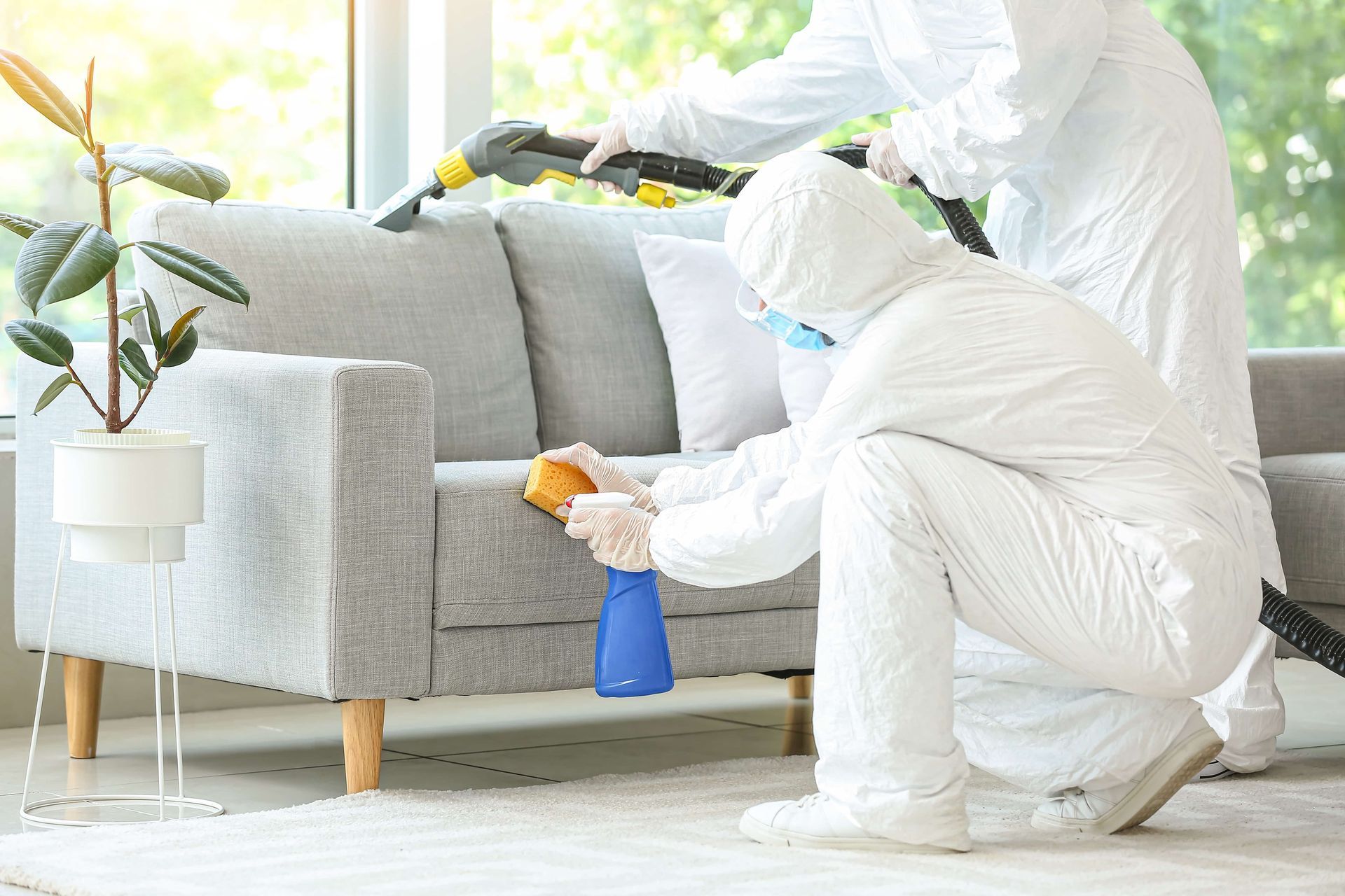 Two people in white protective suits cleaning a grey sofa with a vacuum and spray bottle.