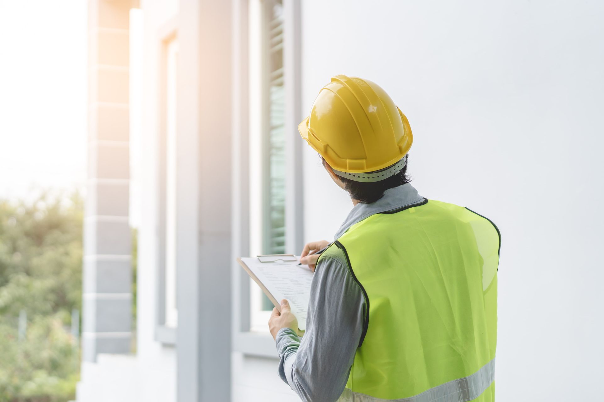 Person in yellow hard hat and vest inspecting a building, taking notes on a clipboard.