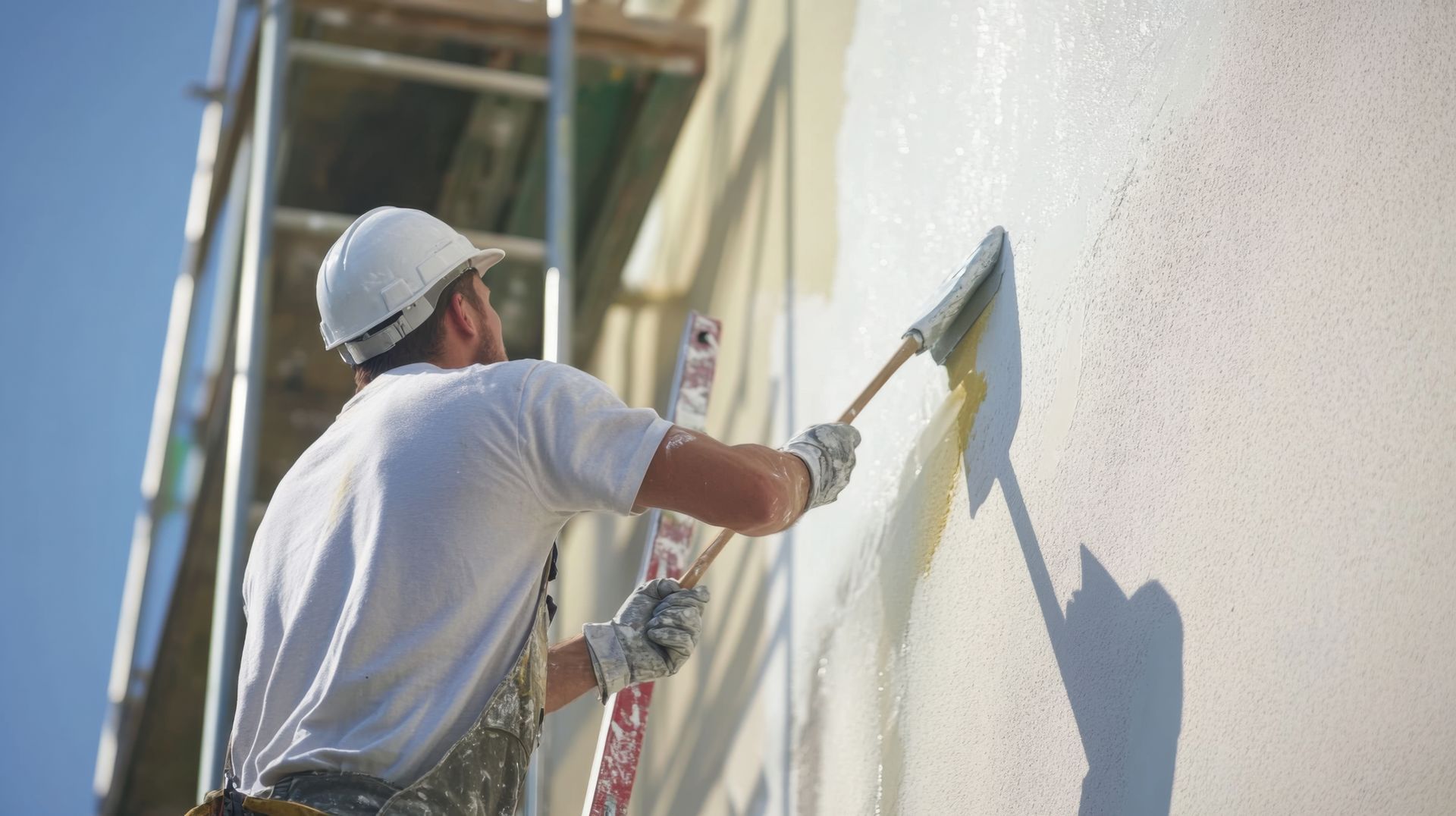 A man is painting a wall on a scaffolding.