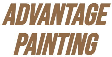 The logo for advantage painting is brown and white
