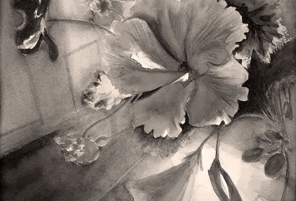 deel van een aquarel van bloemen die lijken te drijven