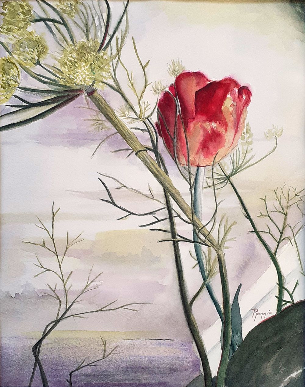 Een schilderij, aquarel, van een impressie van een rode bloem