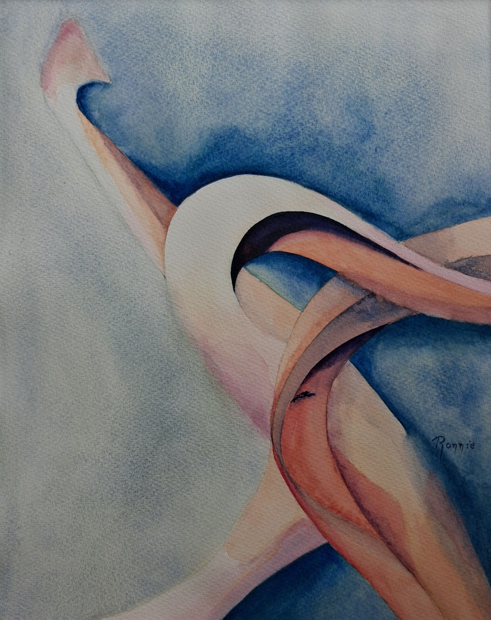 Aquarel met abstracte bloemvorm in blauw en roze, Inner Bloom XI Quiet Turning