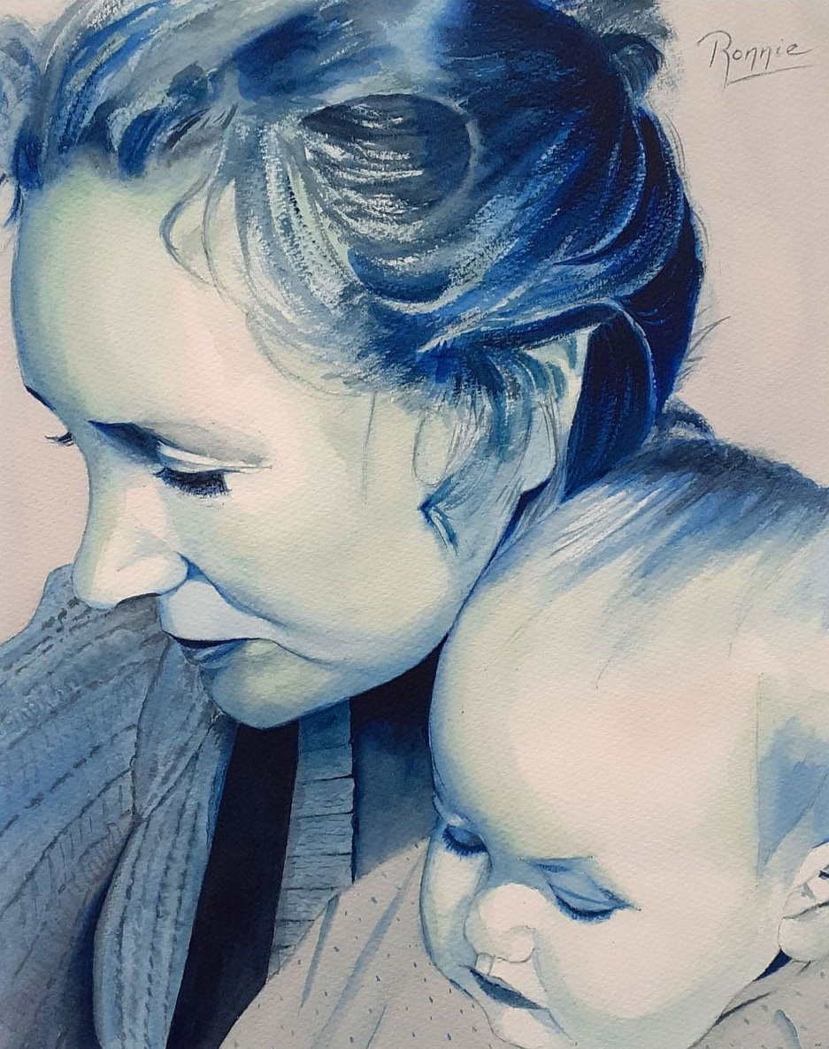 Aquarel van een moeder en kind in blauwtinten