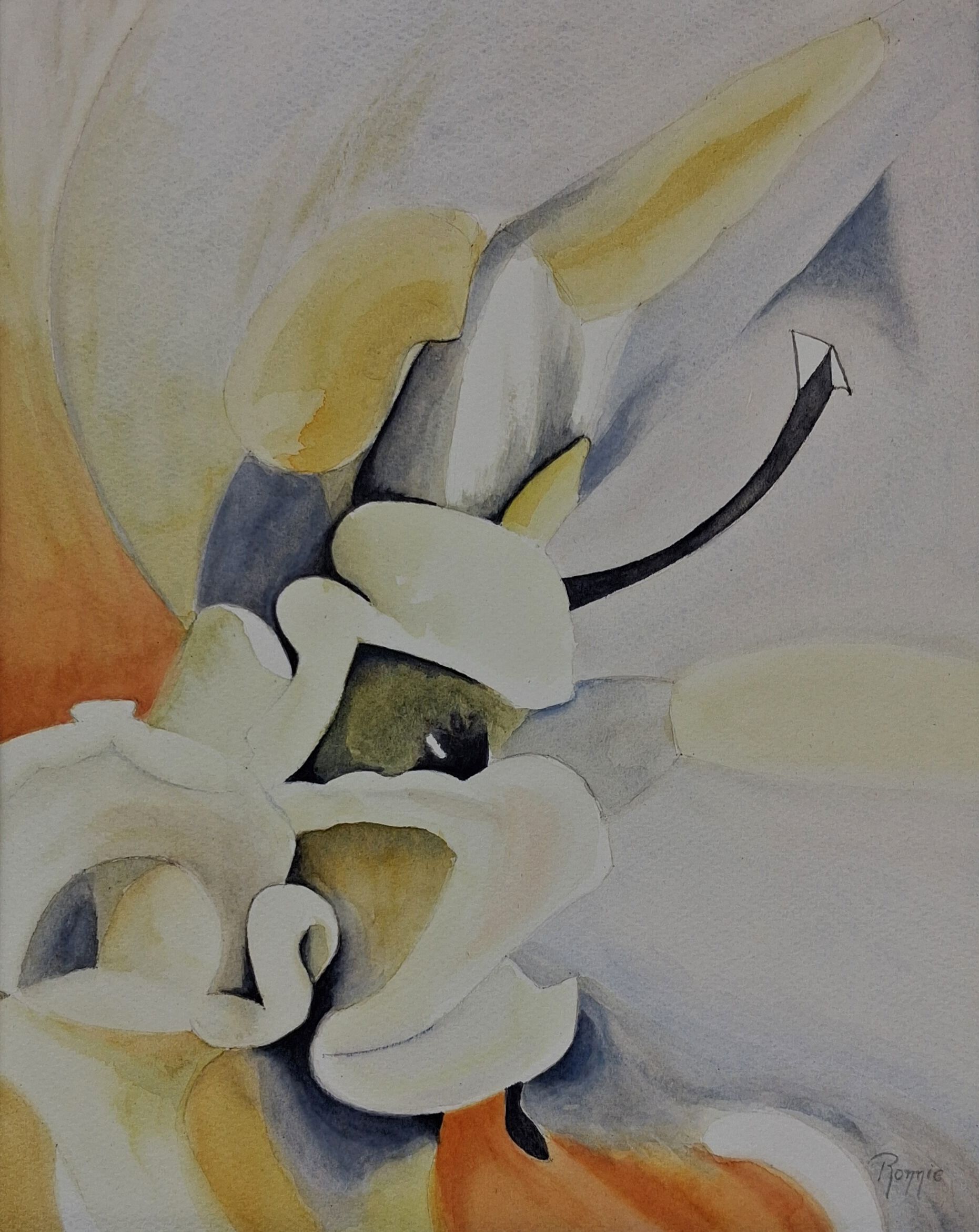 Abstracte witte bloemvormen in zachte geel-, blauw- en oranjetonen met sculpturale schaduwen.