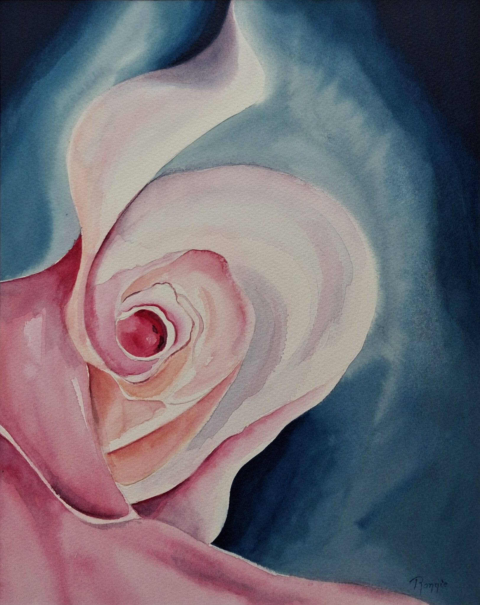 Abstracte aquarel met witte spiraalvorm en roze-magenta accenten tegen een diepblauwe achtergrond.