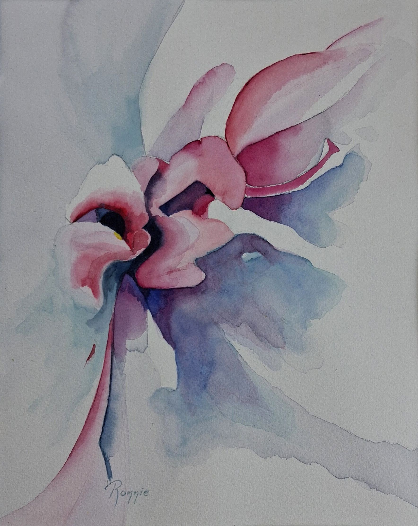 Hedendaagse aquarel met zachte bloemabstractie, scherpe inktlijnen en lichte gele accenten.
