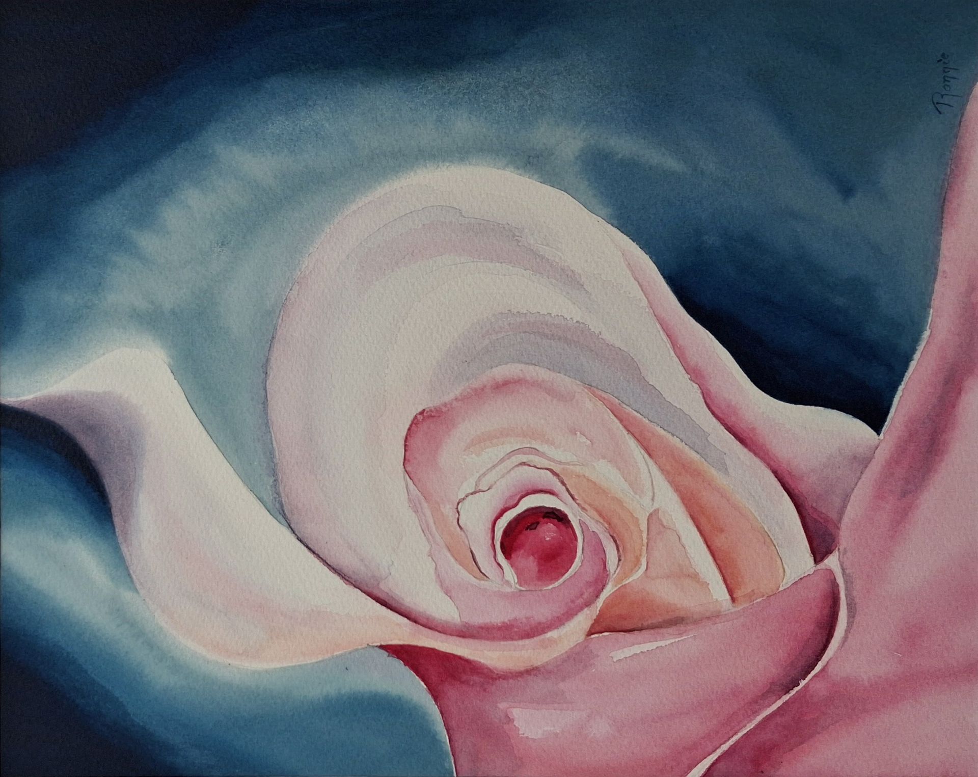 Sculptural Silence IX – Secret liggende oriëntatie van een abstracte aquarel met omhullende vormen en subtiele roze en zalmkleurige accenten.