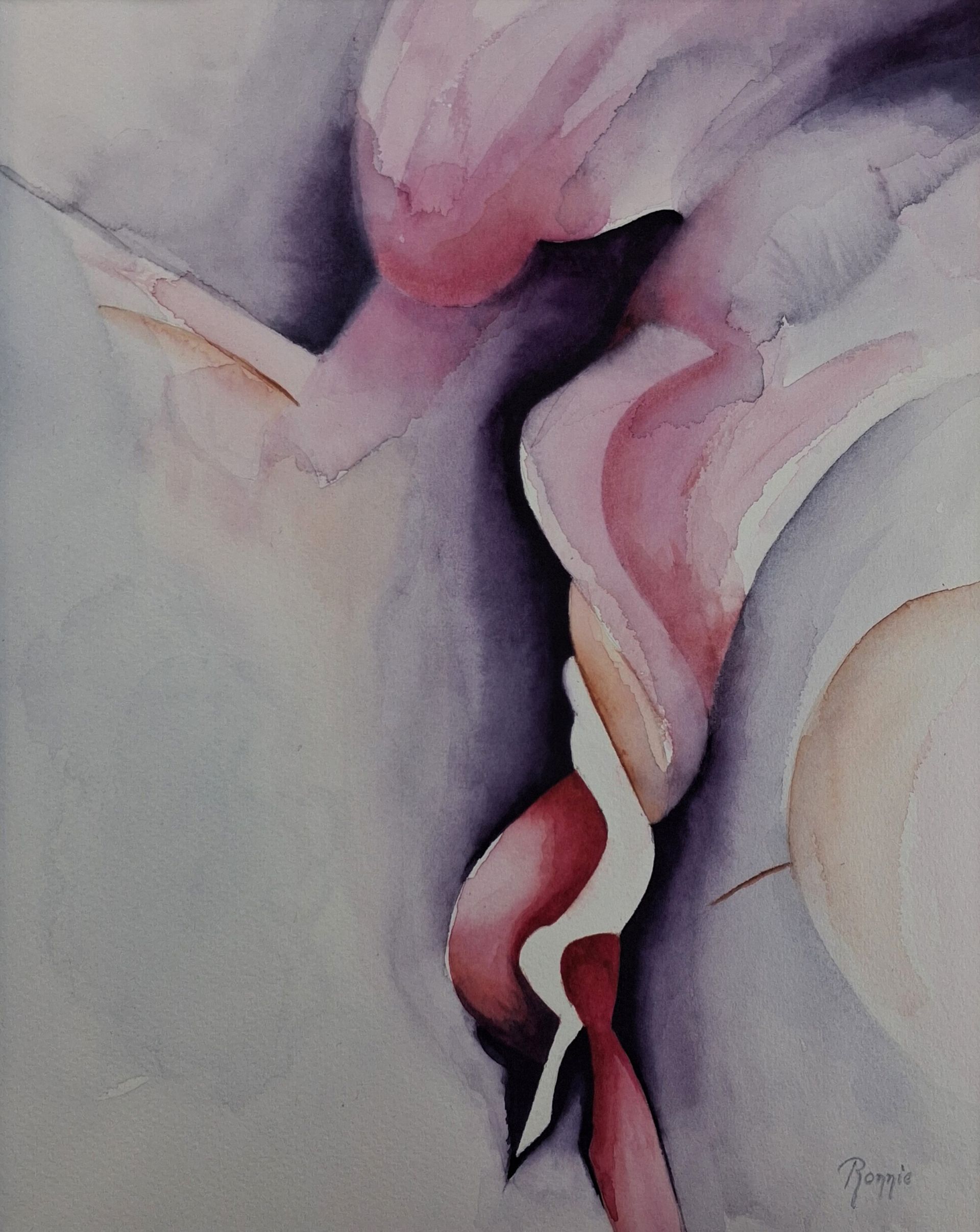 Organische aquarelvormen die doen denken aan een zwaan, fuut en gevouwen bloemblaadjes.