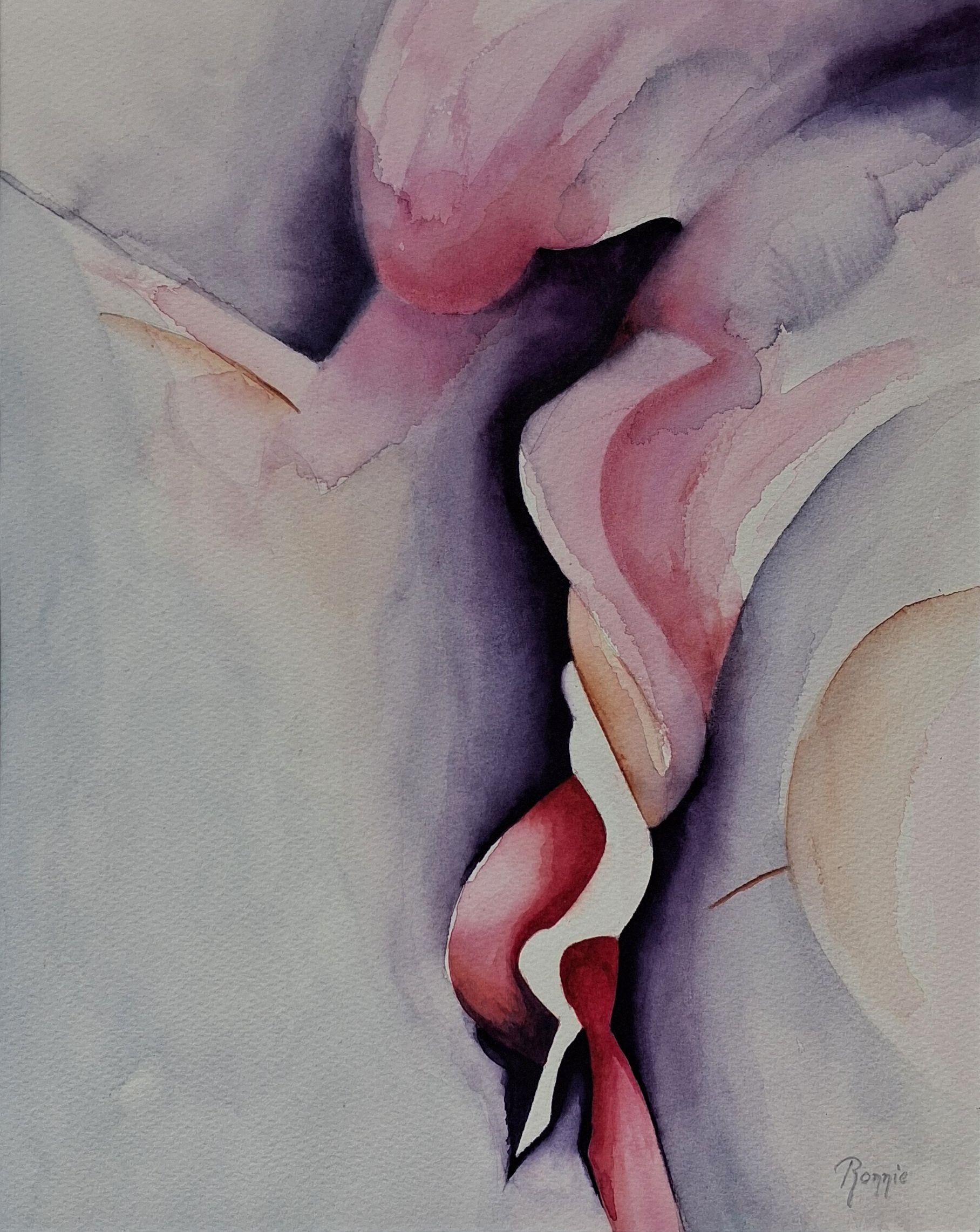 Transparante aquarel met organische vormen in magenta, aubergine en koel violetblauw.