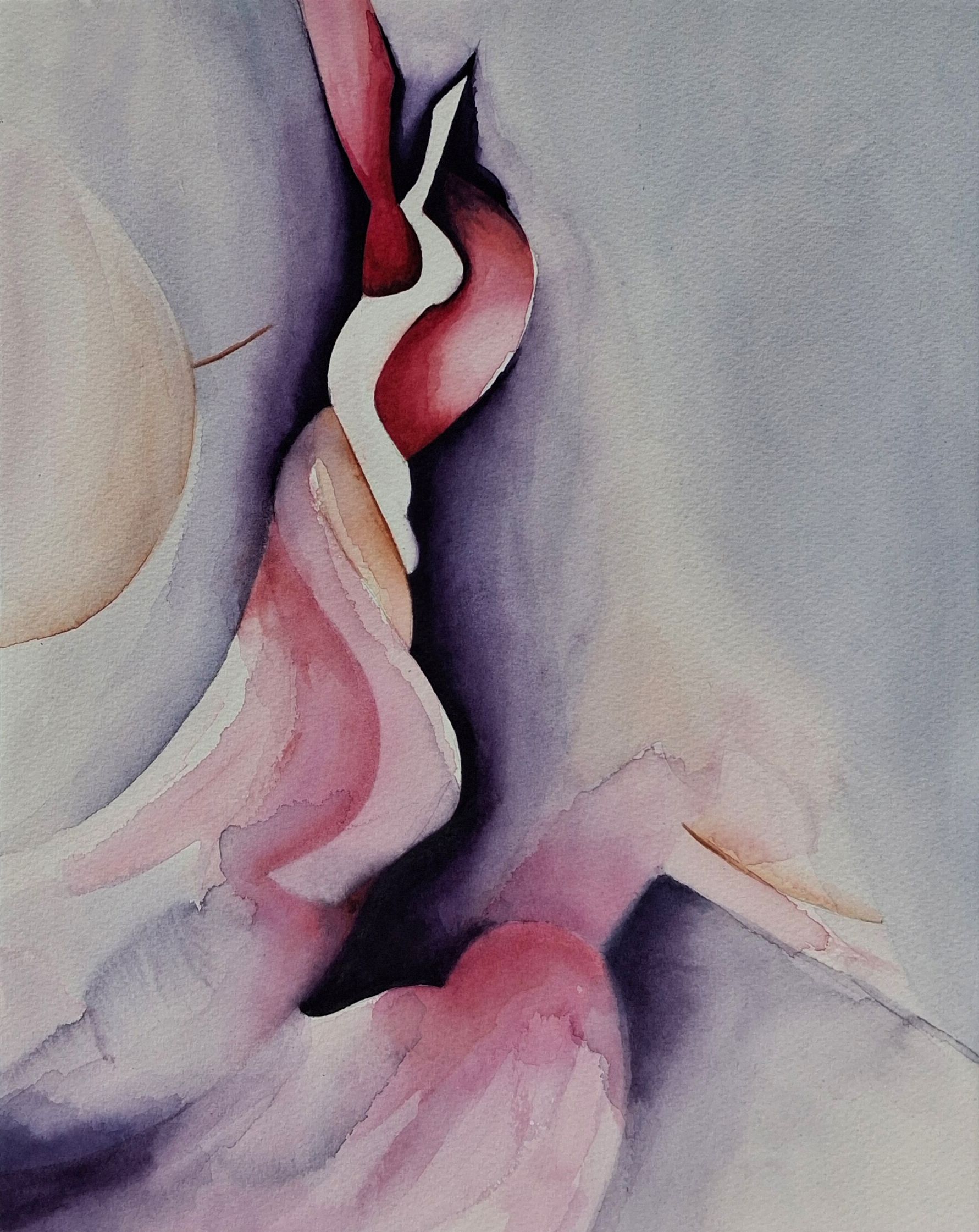 Sculptural Silence – Echo, een liggende oriëntatie omgekeerd van een eigentijdse aquarel met rode bloemvorm en donkere achtergrond.