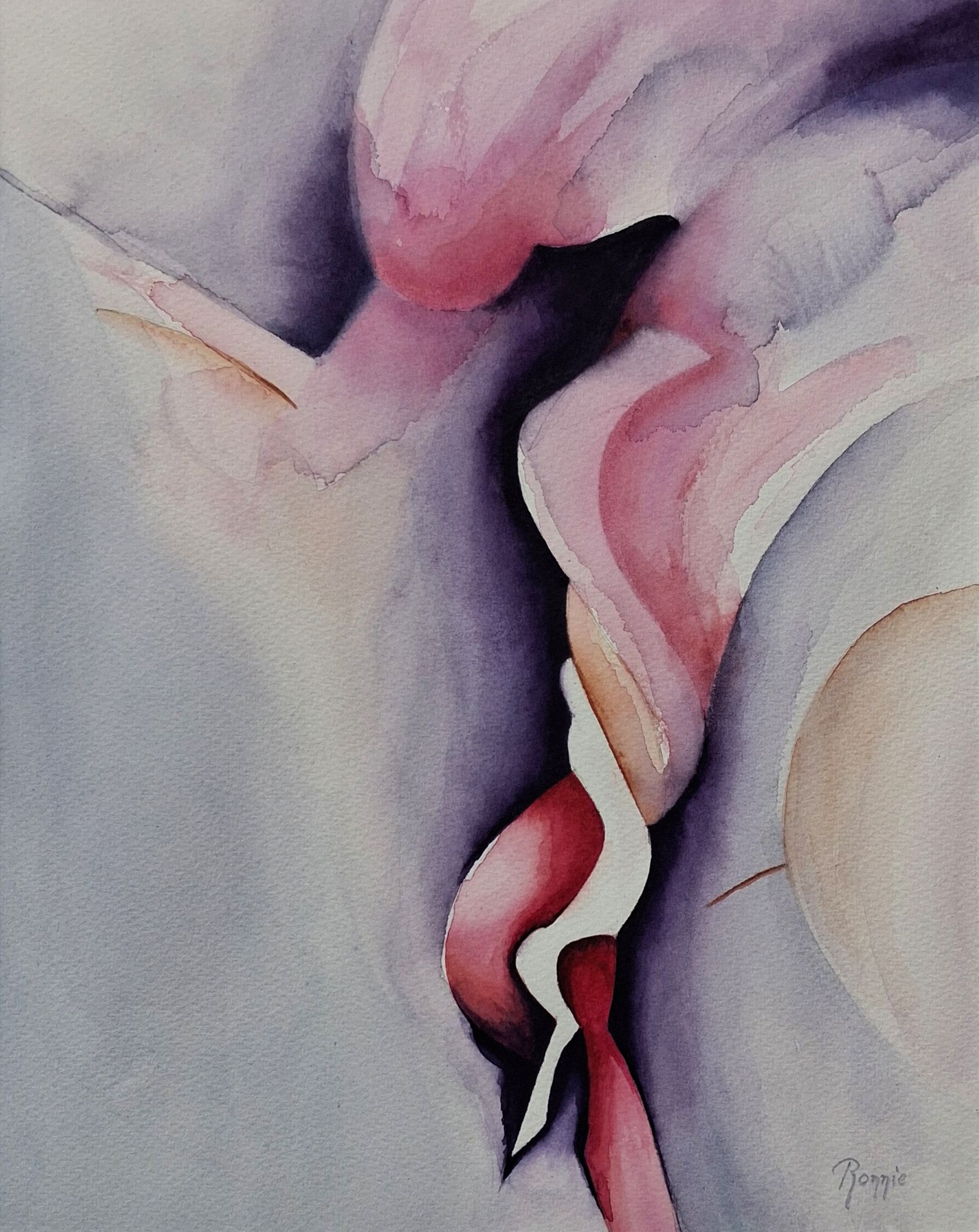 Abstracte aquarel met sculpturale bloemvormen en een wit focuspunt onderaan.