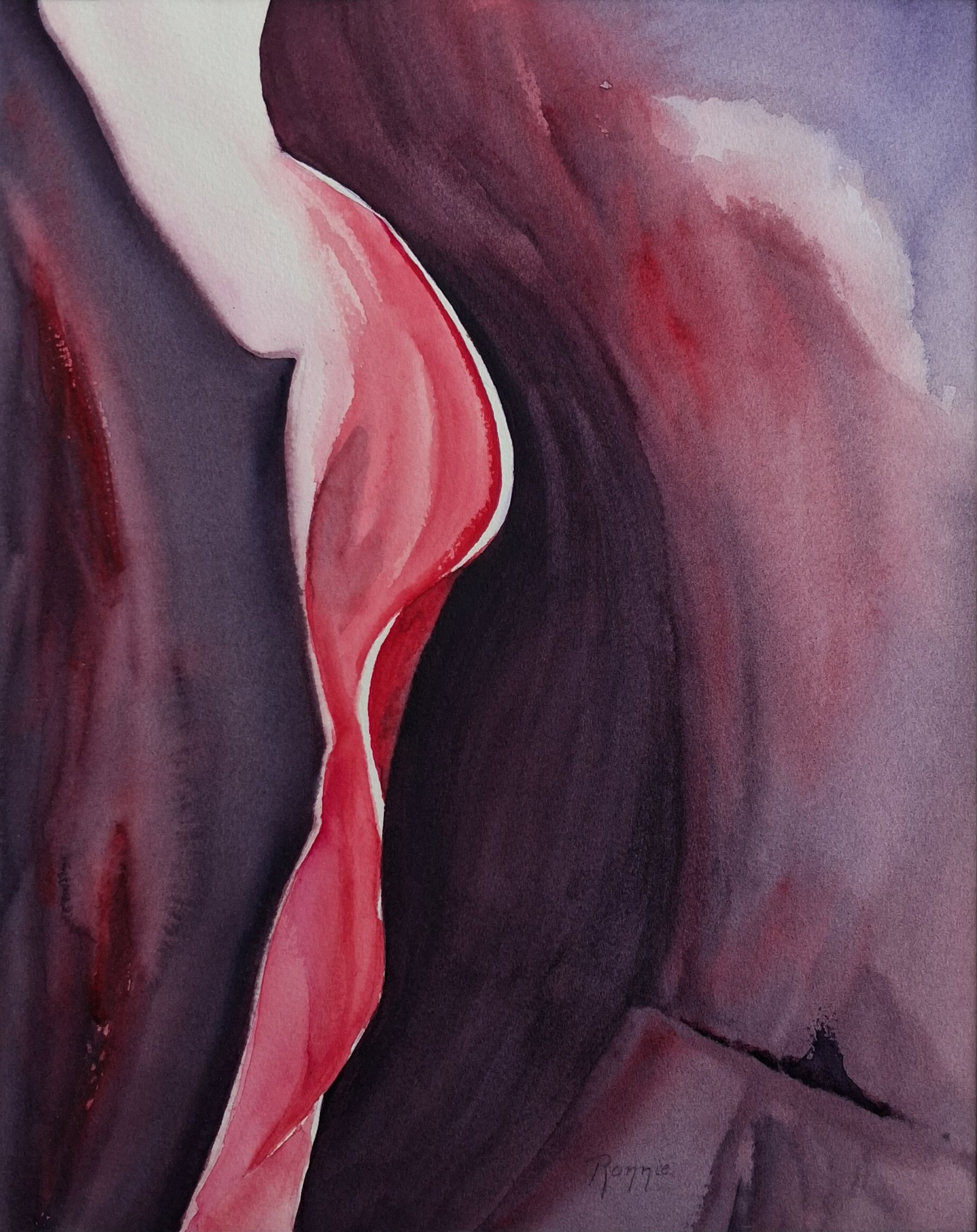 Hedendaagse abstracte aquarel met vrouwelijke suggestie, stilte en zachte spanning.