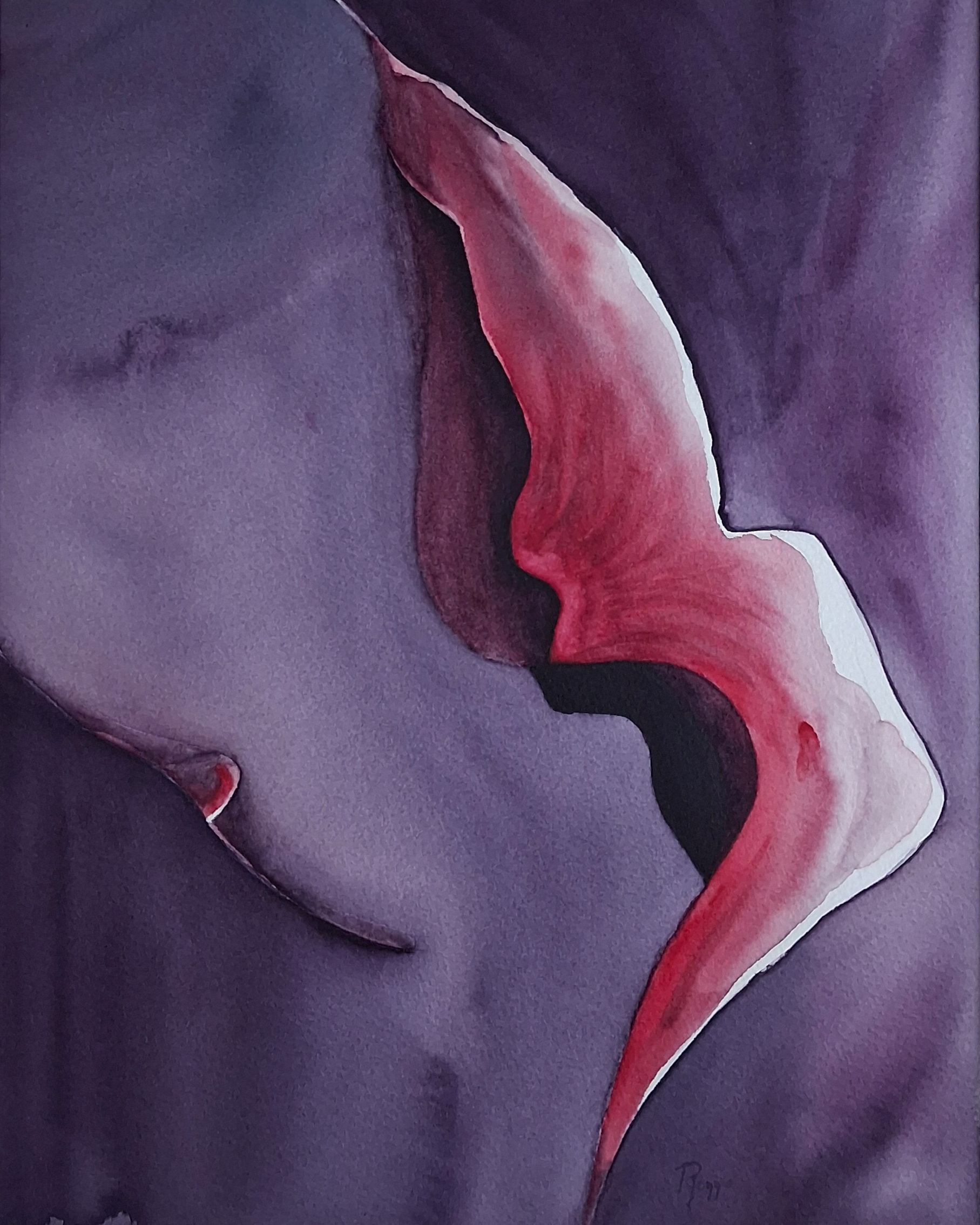 Contemporary watercolor Echo met sculpturale bloemvorm in rood en diepe paarse tinten.