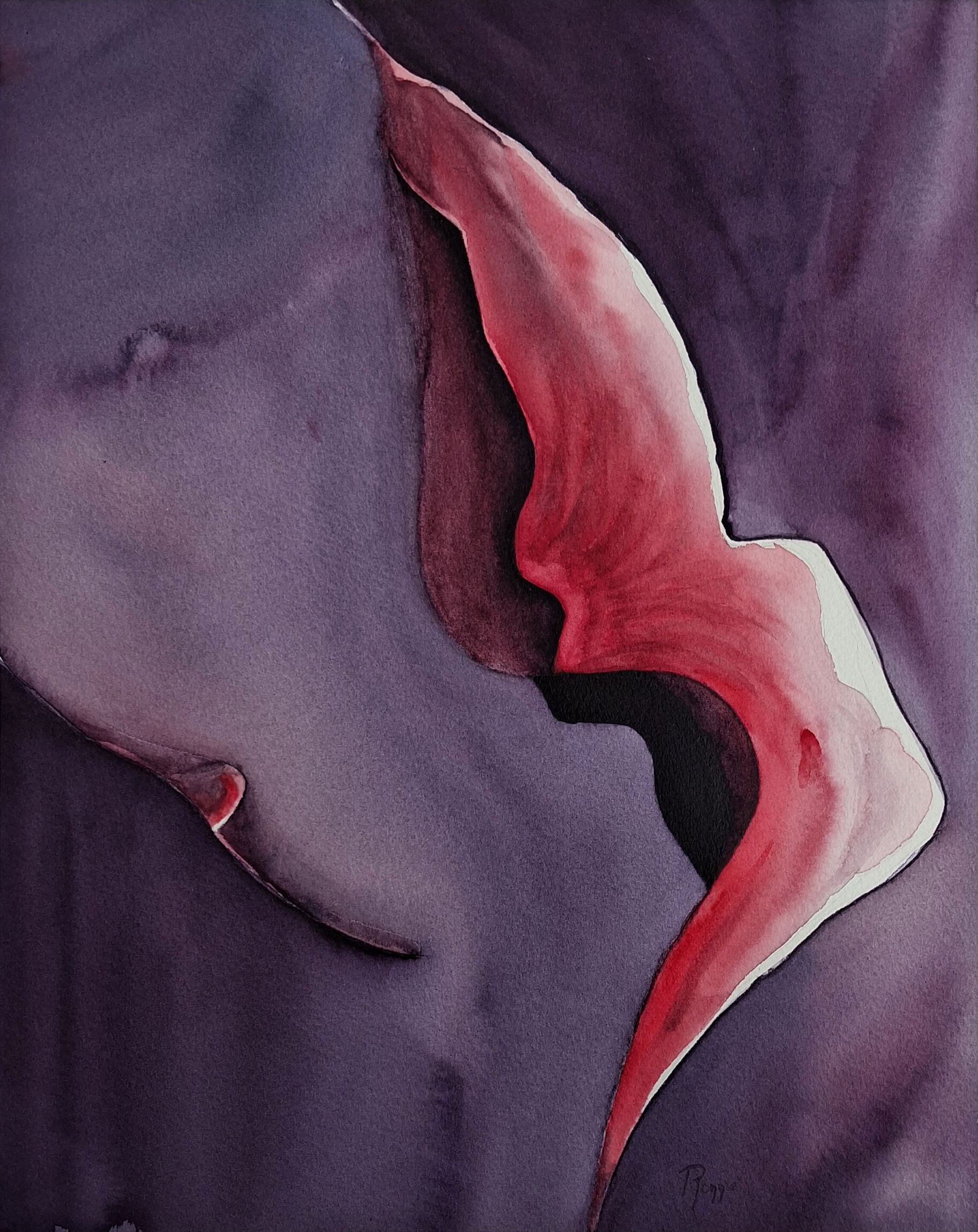 Contemporary watercolor Echo met sculpturale bloemvorm in rood en diepe paarse tinten.