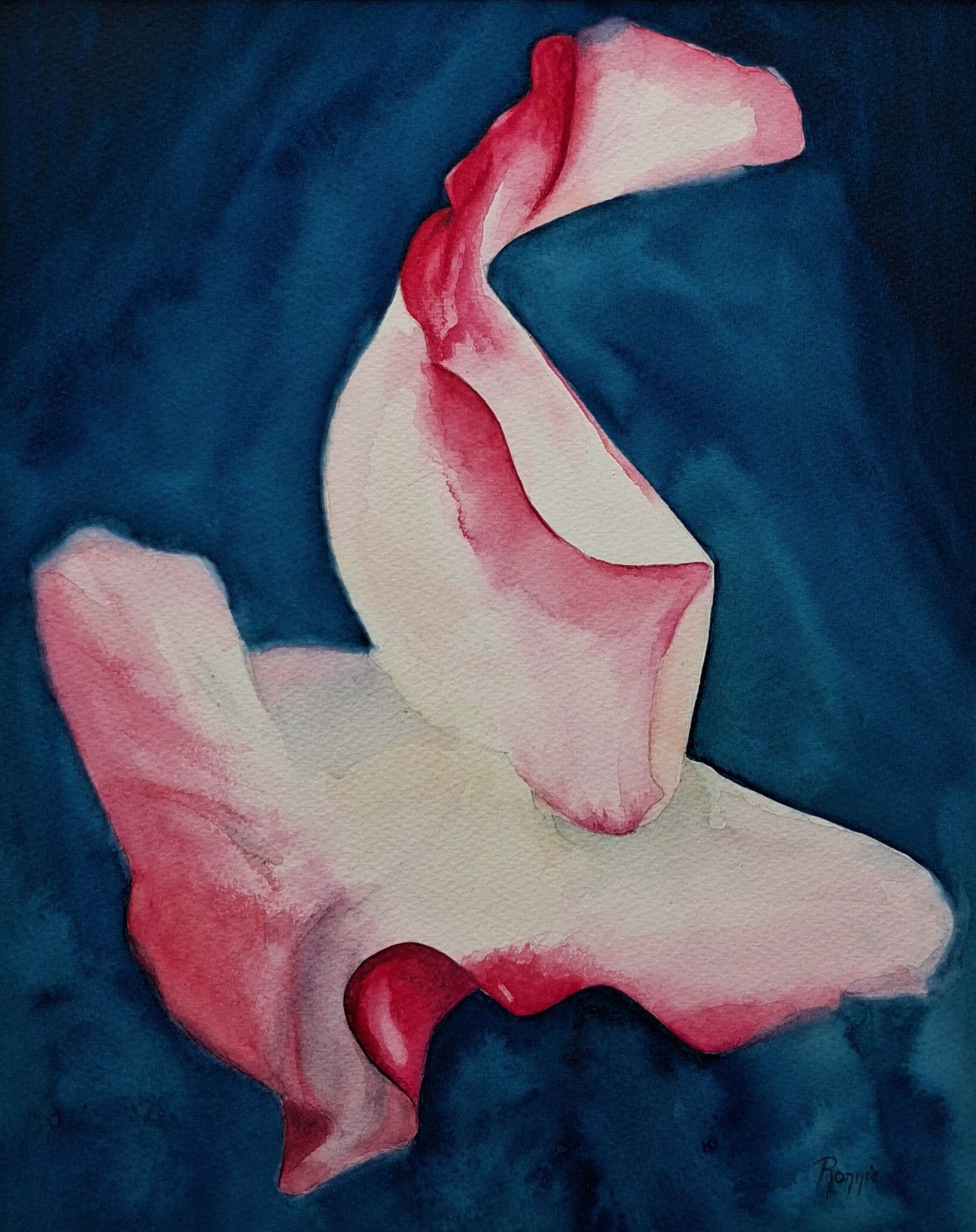 Abstracte aquarel Dance met roze sculpturale vormen tegen een diepe blauwgroene achtergrond.