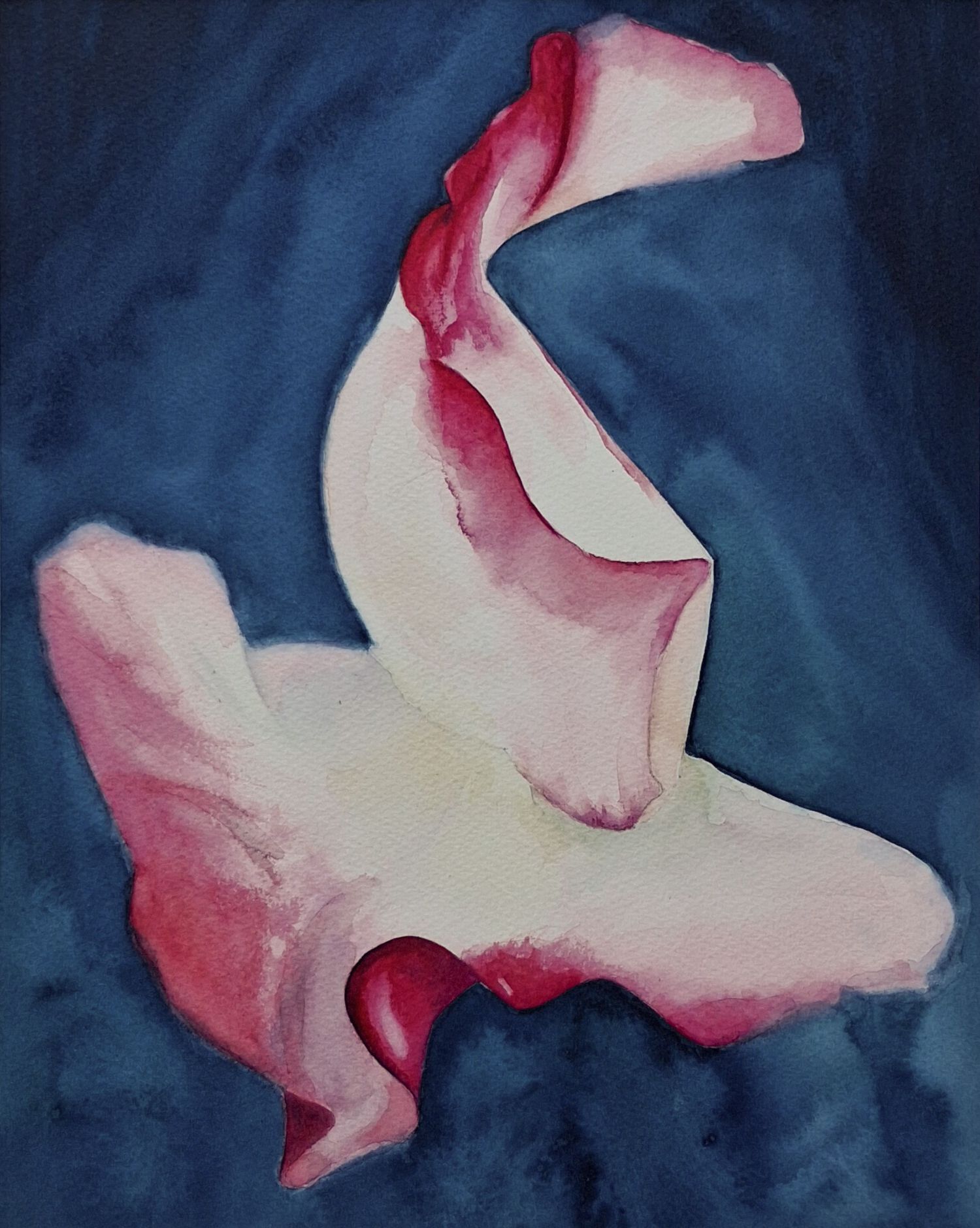 Sculptural Silence – Dance, een hedendaagse aquarel waarin bloemvormen oplossen in licht en beweging.