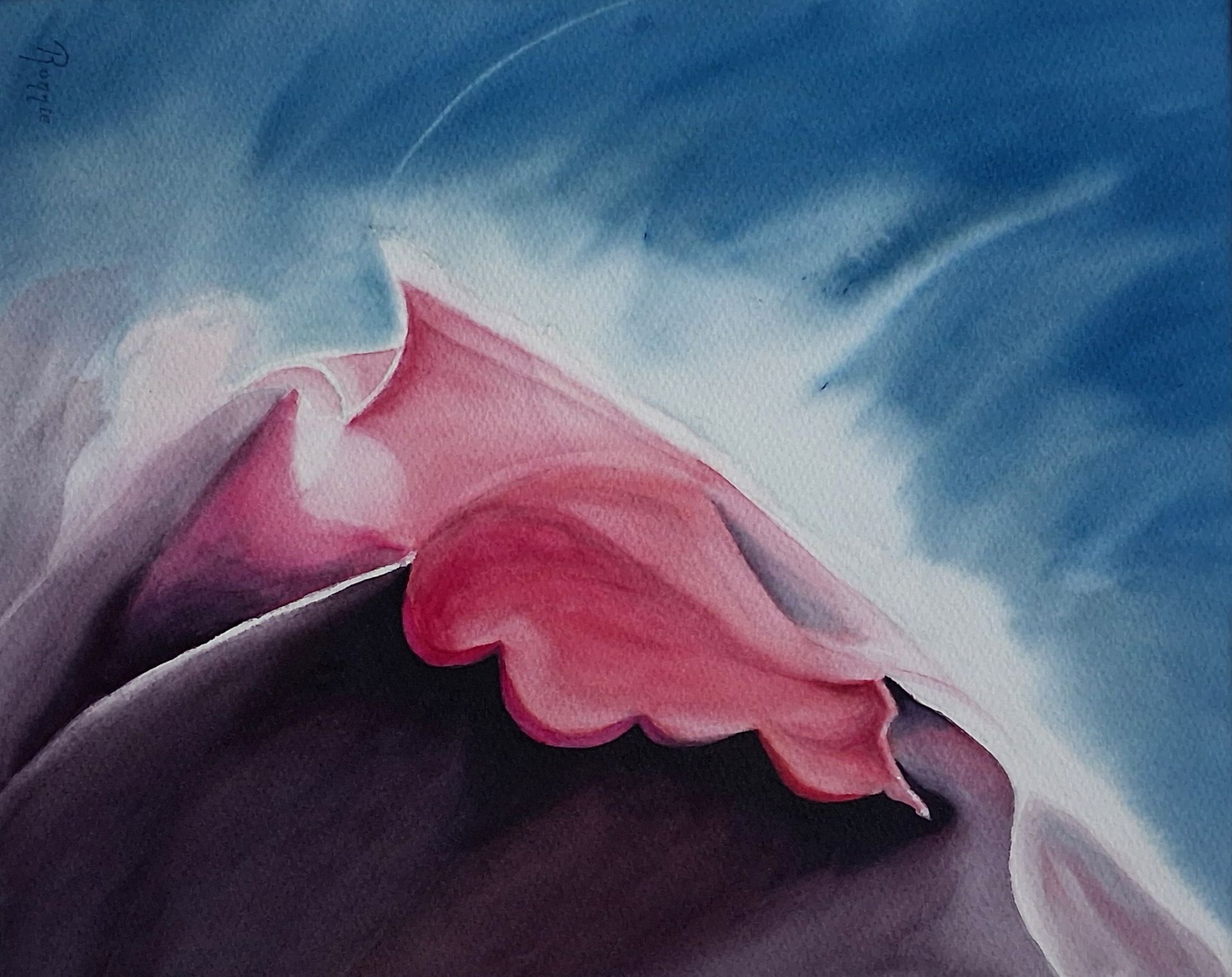 Sculptural Silence X — Tide, een liggende oriëntatie abstracte aquarel met zeeachtige blauwtinten, een roze vorm en paarse schaduwpartijen.