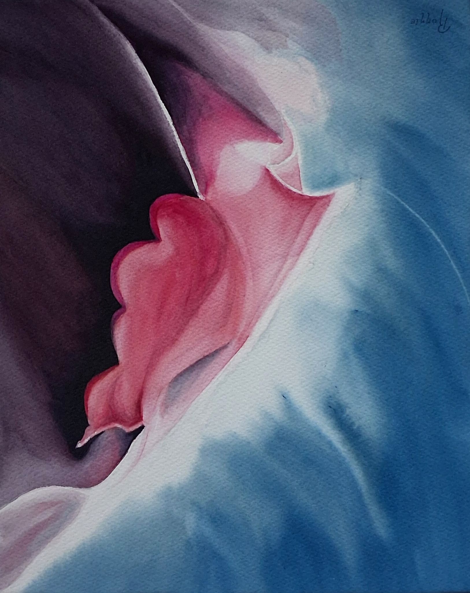Sculptural Silence X — Tide, een liggende oriëntatie omgekeerd van een abstracte aquarel met blauwtinten, een roze vorm en paarse schaduwpartijen.