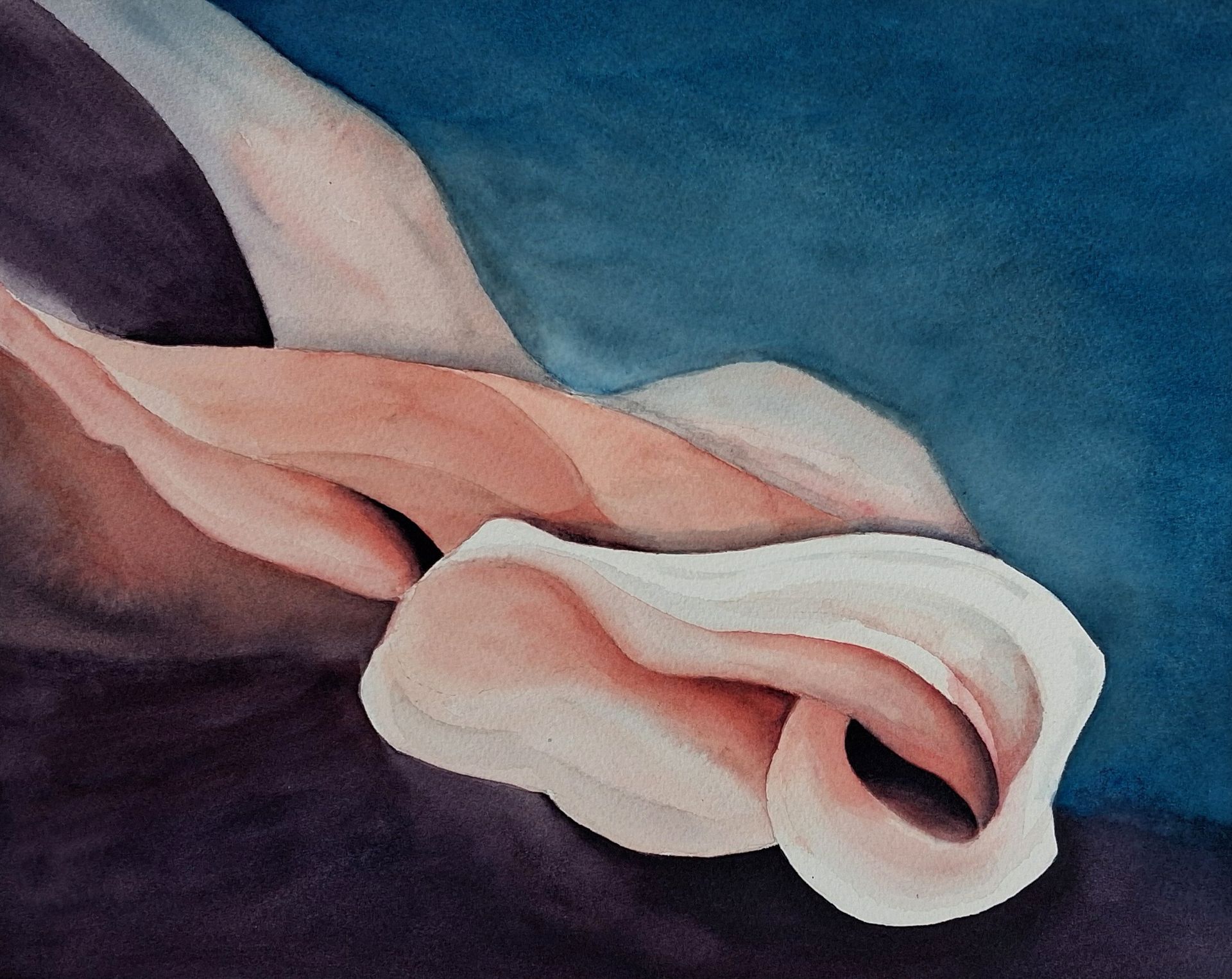 Sculptural Silence XI — Dignity, liggende oriëntatie; abstracte aquarel met zalmroze vorm, blauwgroene schaduw en diepe auberginetinten.