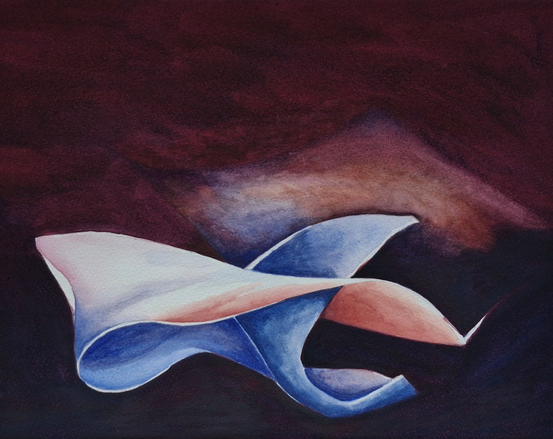 5. Aquarel van een open, beschermende vorm die zweeft tussen licht, schaduw en stilte.