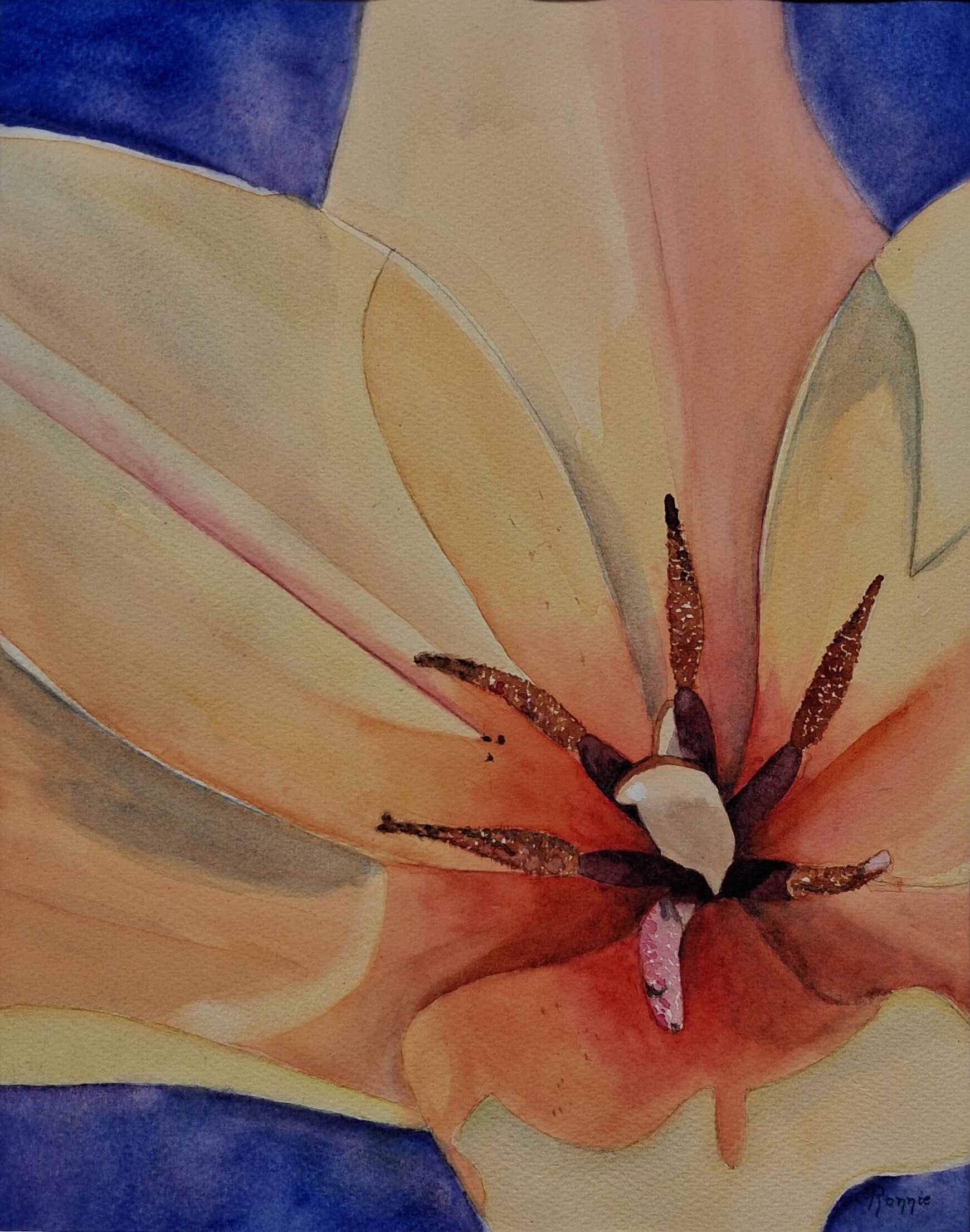 Aquarel met warme geel-oranje bloem en donkere kern, Inner Bloom X Quiet Centering