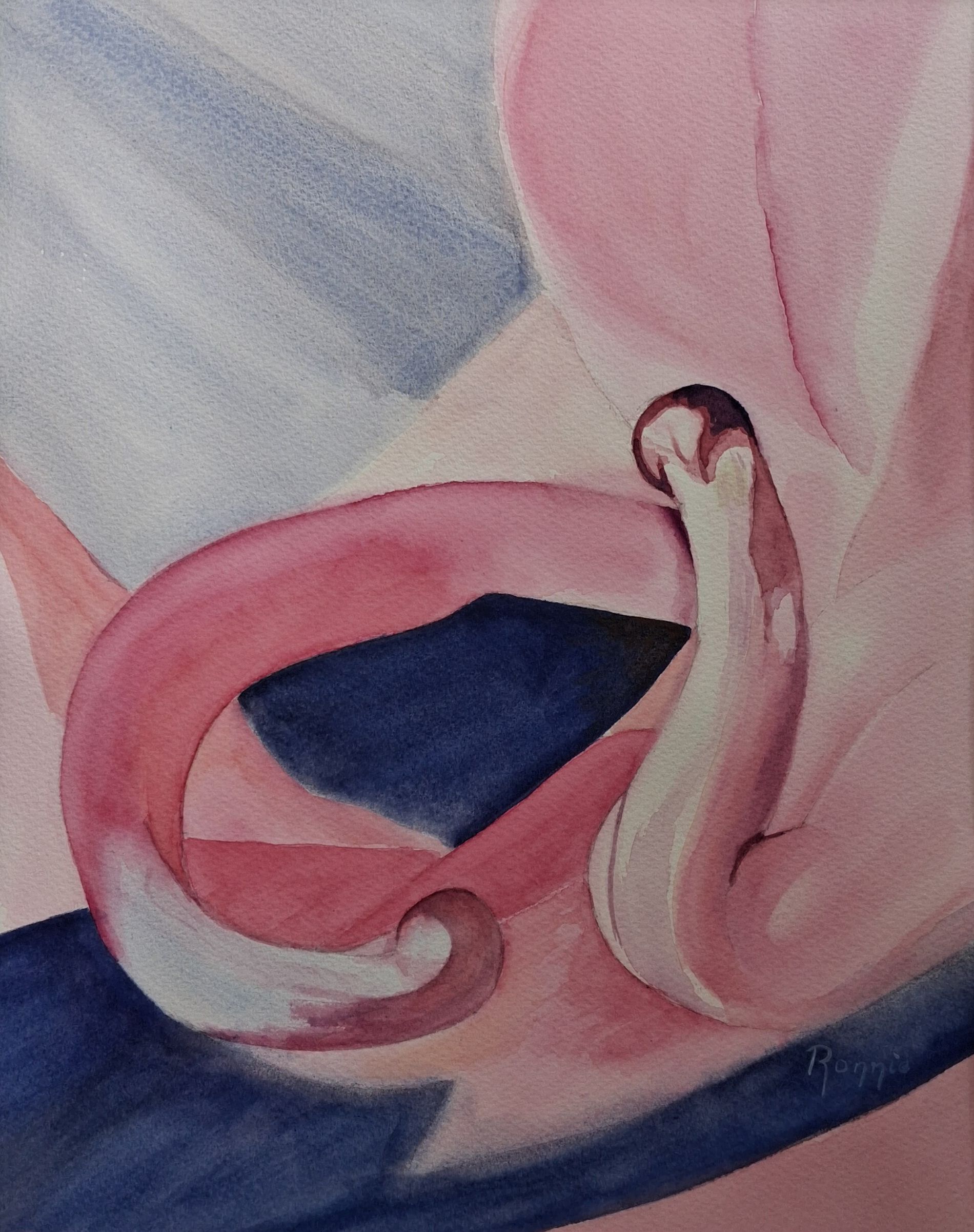 Aquarel met roze en blauwe vormen die naar binnen buigen, Inner Bloom V Turning Inward