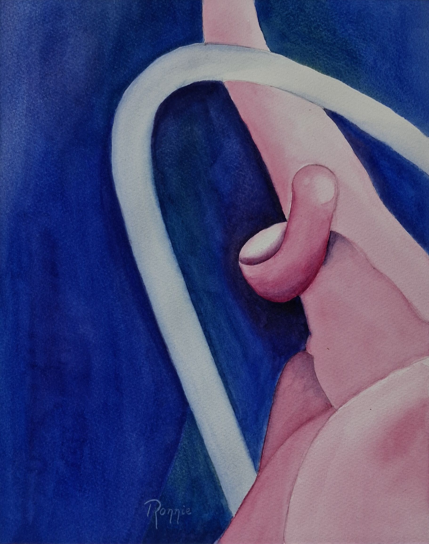 Aquarel met roze en blauwe vormen die zich naar binnen buigen, Inner Bloom VII Holding Within