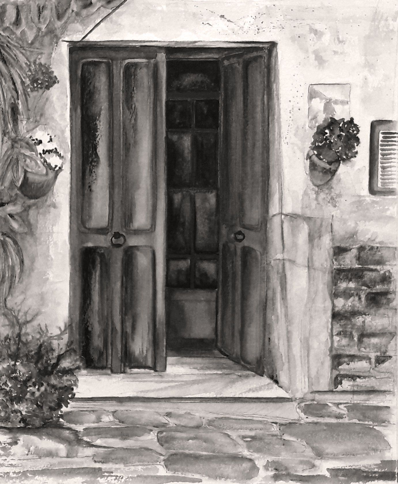 aquarel van een open deur