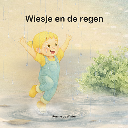 Omslag  prentenboek Wiesje en de regen met springende Wiesje in  zachte regen