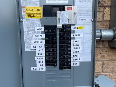 Electrical breaker panel with labels for various circuits.