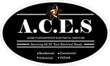 Black oval logo for A.C.E.S. electrical services. White text with atom graphic. Servicing residential, commercial, industrial, and oilfield needs.