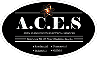 Black oval logo for A.C.E.S. electrical services. White text with atom graphic. Servicing residential, commercial, industrial, and oilfield needs.