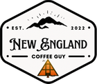 A logo for new england coffee guy with a mountain in the background