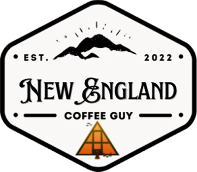 A logo for new england coffee guy with a mountain in the background