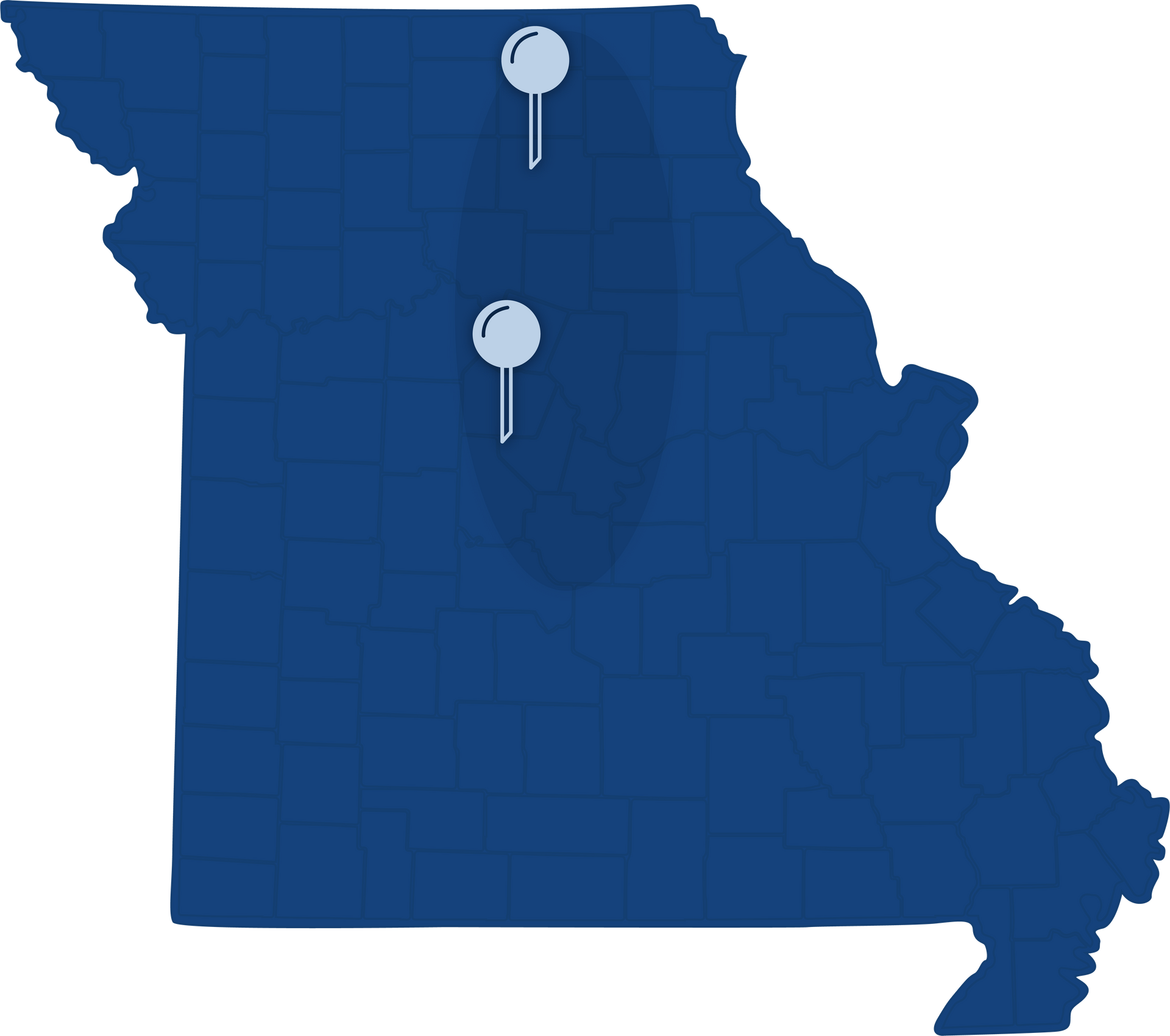 A blue map of Missouri with pins in Booneville & Kirksville, Signature's service area.