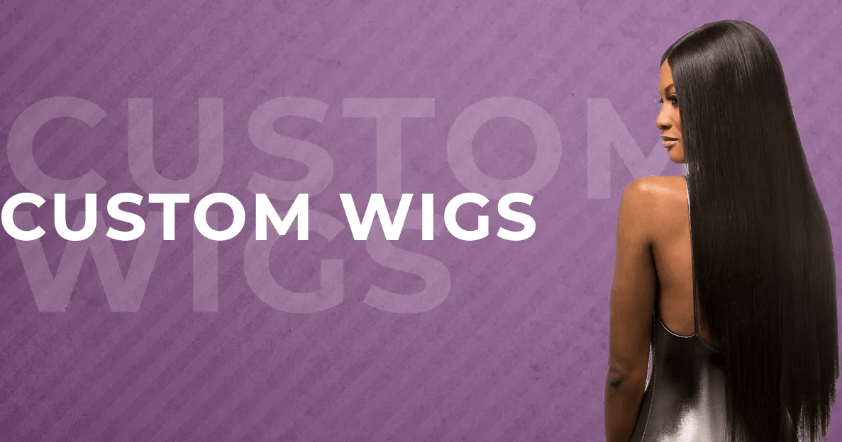 A woman with long hair is standing in front of a purple background that says custom wigs.