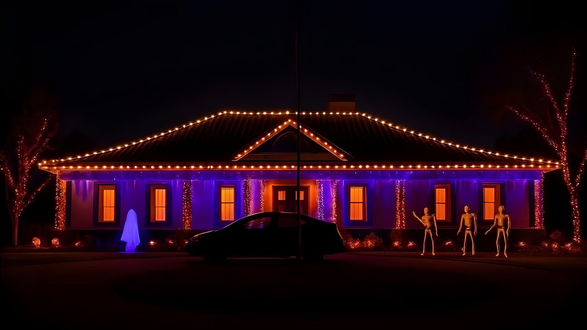 A house decorated for Halloween with orange and purple lights, skeletons, and a car.